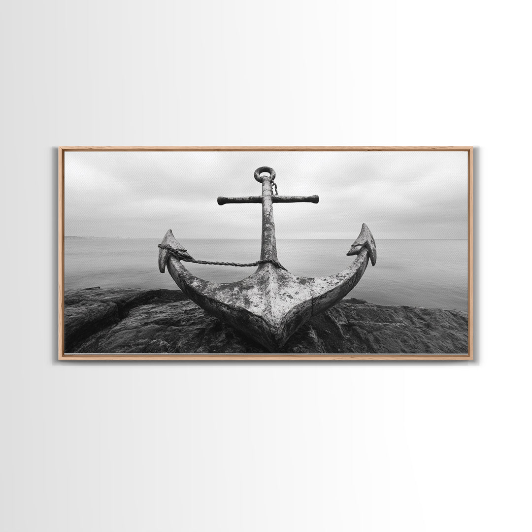 Nautical Anchor Art, Coastal Photography, Rustic Beach Decor, Framed Canvas Print, Bathroom or Lake House Wall Art, Minimal Style