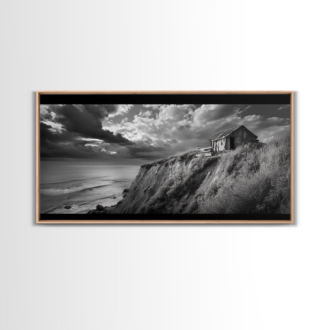 Cliff Cabin, Stormy Coast, Ocean Bluff, Dramatic Skies, Canvas Print, Moody Nature Art, Living Room Accent, Fall Season Decor