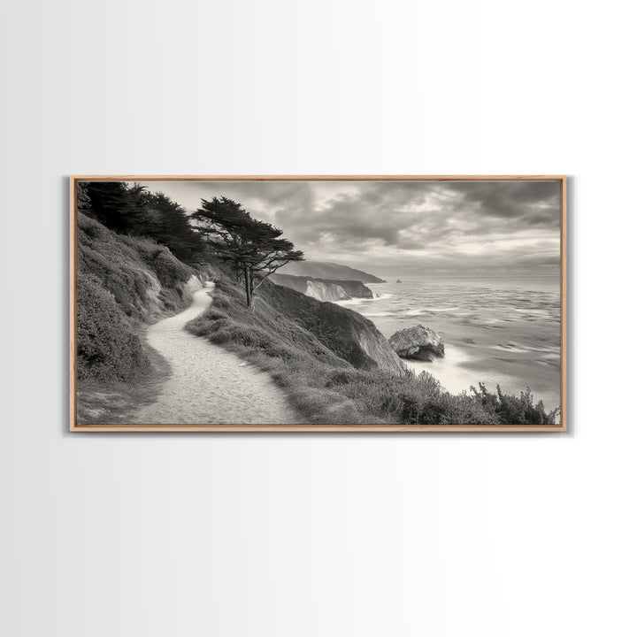 Coastal Path, Nature Trail, Ocean Cliff, Cypress Tree, Framed Canvas Print, Minimalist Wall Art, Living Room Decor, Scenic Landscape