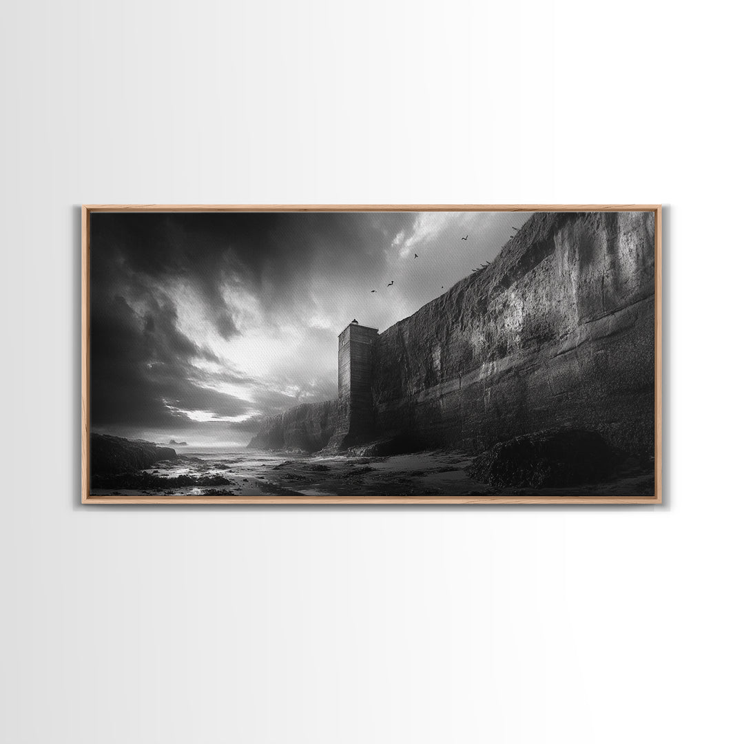 Cliff Lighthouse, Dramatic Sky, Seaside Tower, Ocean Mood, Canvas Print, Gothic Wall Art, Study Decor, Moody Coastal Artwork