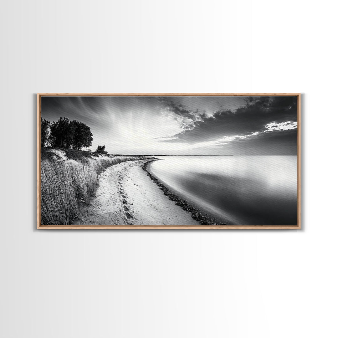 Calm Beach, Grassy Dunes, Serene Shoreline, Peaceful Water, Framed Canvas Print, Minimalist Art, Bedroom Wall Decor, Coastal Calm