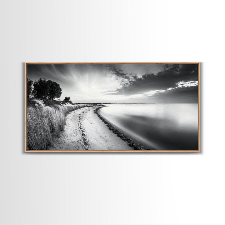 Calm Beach, Grassy Dunes, Serene Shoreline, Peaceful Water, Framed Canvas Print, Minimalist Art, Bedroom Wall Decor, Coastal Calm