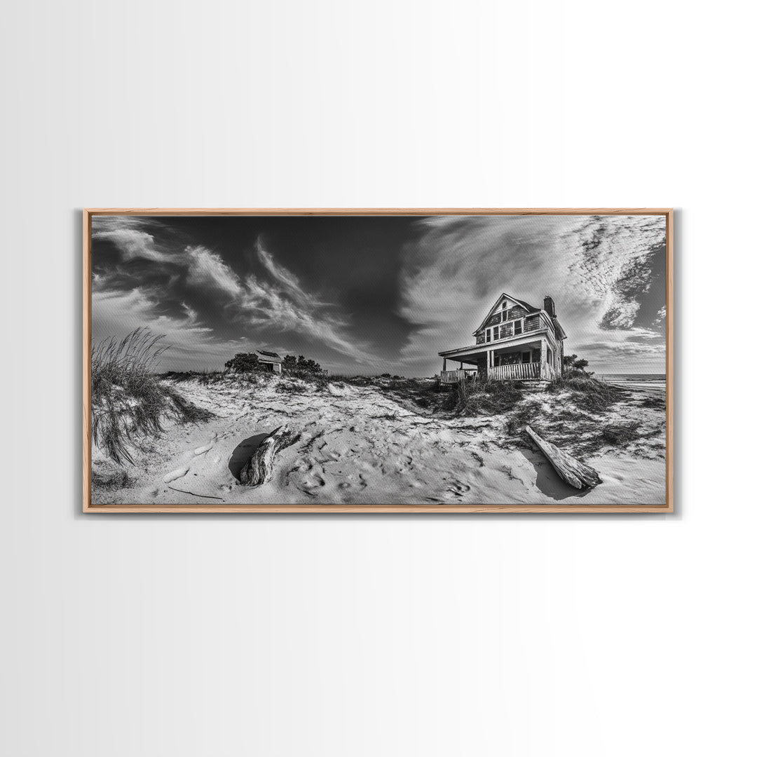Abandoned House, Beach Shack, Coastal Ruins, Windy Sky, Canvas Print, Rustic Wall Art, Fall Home Decor, Dramatic Seaside Scene
