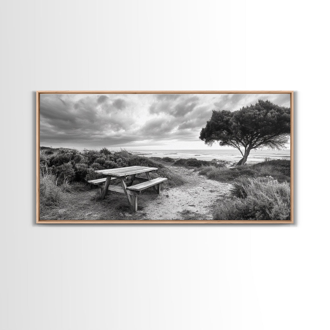 Picnic Table, Ocean Tree, Coastal Path, Windswept Scene, Framed Canvas Print, Rustic Wall Art, Fall Decor, Peaceful Beach Setting