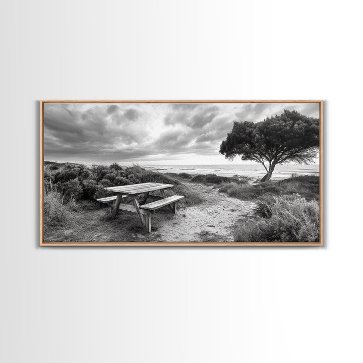 Picnic Table, Ocean Tree, Coastal Path, Windswept Scene, Framed Canvas Print, Rustic Wall Art, Fall Decor, Peaceful Beach Setting