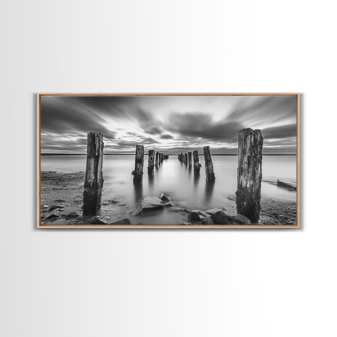 Ocean Pilings, Calm Waters, Cloud Streaks, Sunset Mood, Canvas Print, Minimalist Seascape, Bedroom Wall Art, Serene Beach Decor