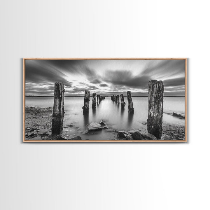 Ocean Pilings, Calm Waters, Cloud Streaks, Sunset Mood, Canvas Print, Minimalist Seascape, Bedroom Wall Art, Serene Beach Decor