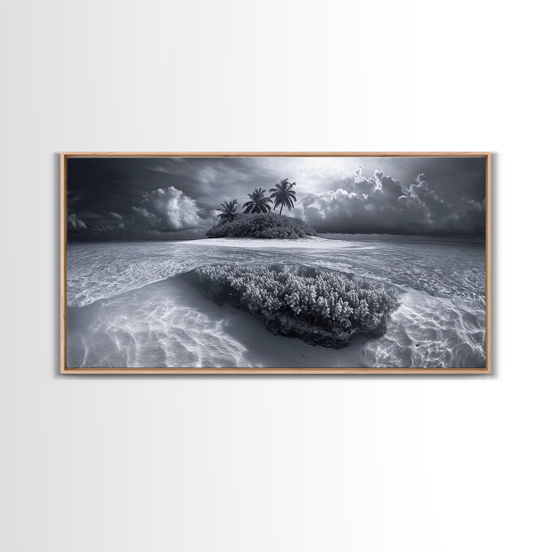 Coral Island, Tropical Ocean, Underwater Reef, Clear Sea, Framed Canvas Print, Beach House Art, Coastal Living Room Decor, Office Wall Decor