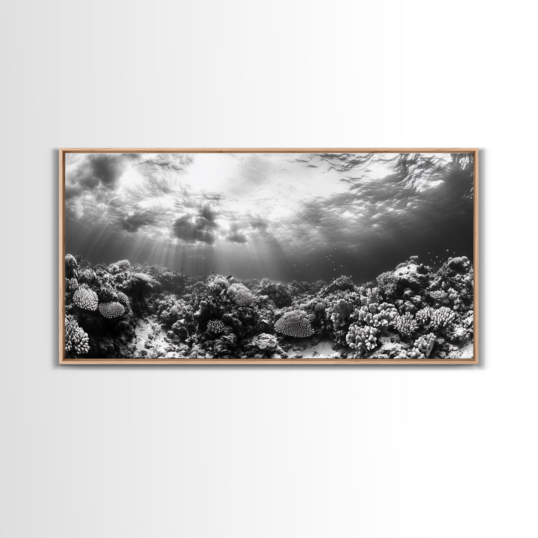 Coral Reef, Ocean Depths, Sunlight Rays, Marine Life, Canvas Print, Minimalist Nature Art, Bathroom Decor, Underwater Scene, Bedroom Wall Art