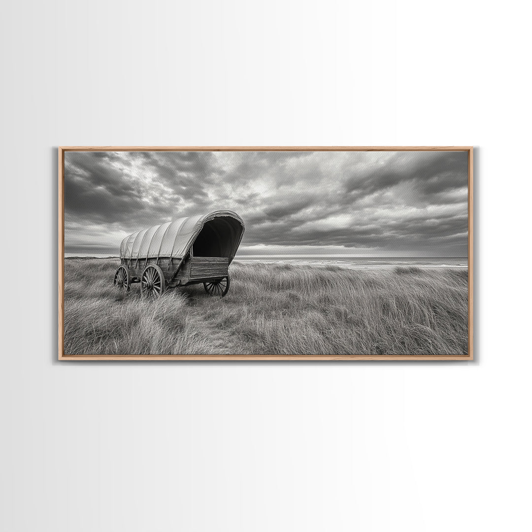 Prairie Wagon, Coastal Grass, Covered Cart, Western Landscape, Framed Canvas Print, Rustic Fall Art, Living Room Wall Decor