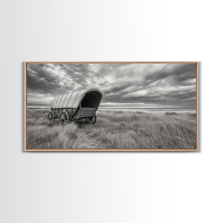 Prairie Wagon, Coastal Grass, Covered Cart, Western Landscape, Framed Canvas Print, Rustic Fall Art, Living Room Wall Decor
