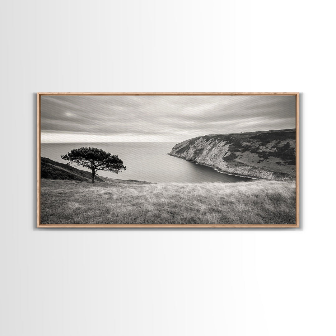Coastal Cliff View, Solitary Tree Scene, Modern Minimalist Style, Framed Canvas Print, Calm Neutral Wall Art, Living Room Decor