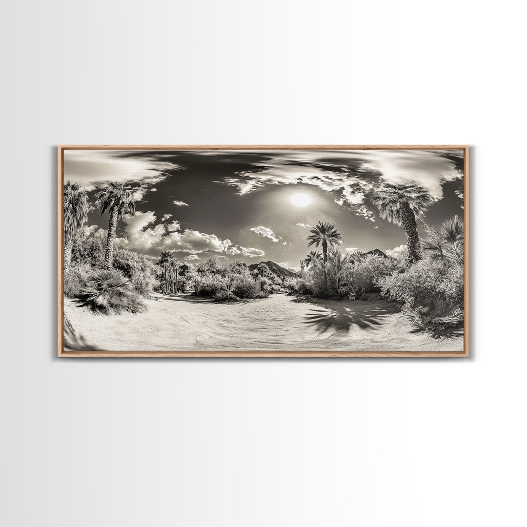 Desert Oasis, Palm Landscape, Nature Panorama, Framed Canvas Print, Tropical Wall Art, Living Room Decor, Boho Aesthetic, Sunlit Scene