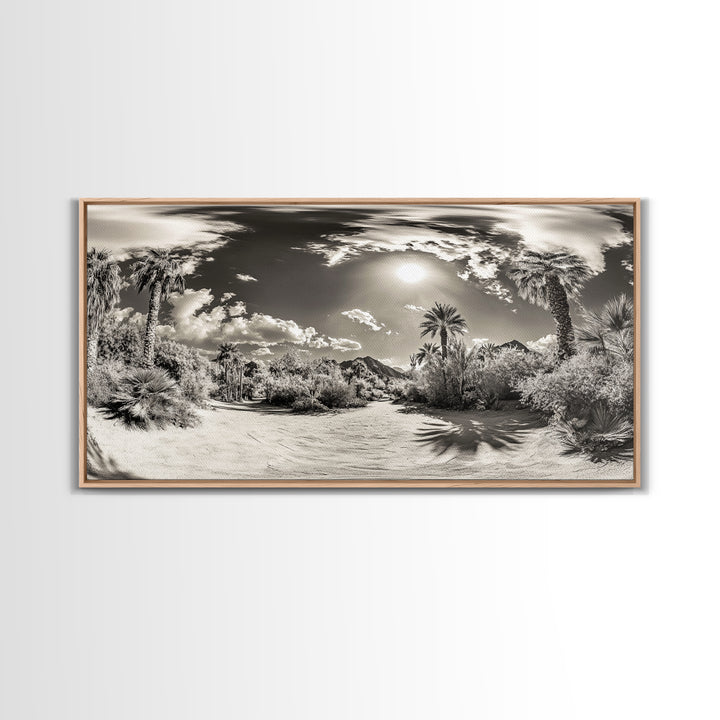 Desert Oasis, Palm Landscape, Nature Panorama, Framed Canvas Print, Tropical Wall Art, Living Room Decor, Boho Aesthetic, Sunlit Scene