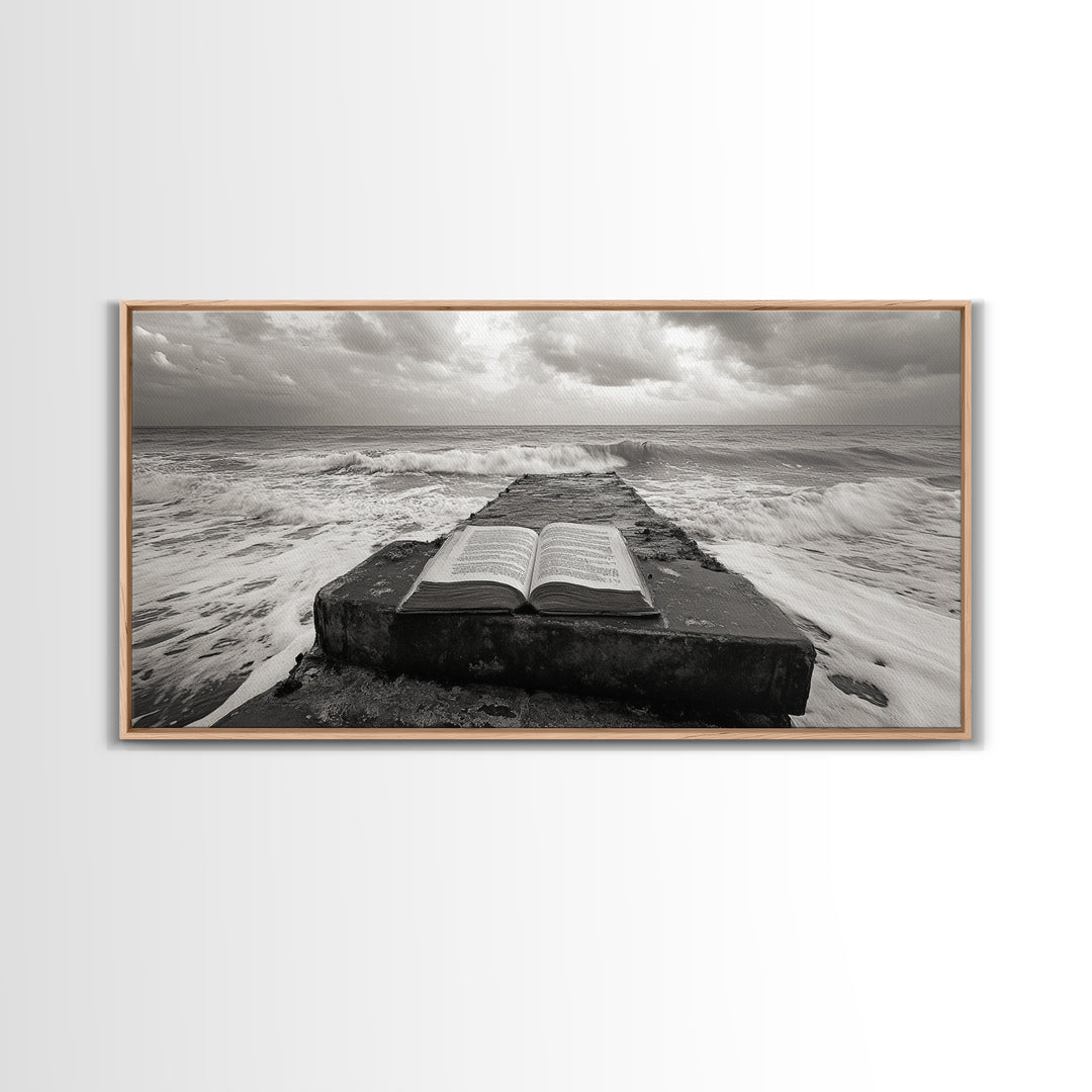 Ocean and Book, Moody Literary Print, Surreal Seascape Art, Framed Canvas Print, Library or Reading Nook Wall Decor, Dark Academia