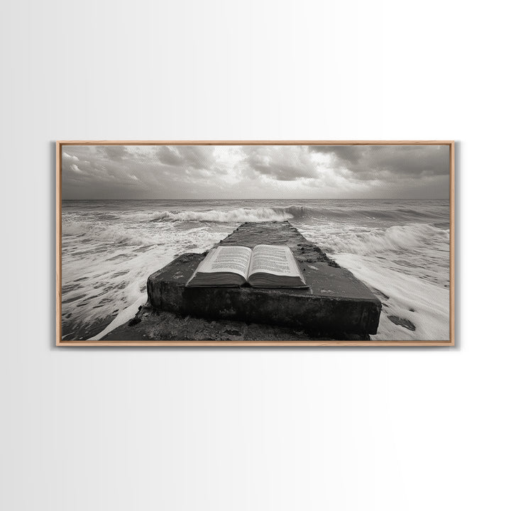 Ocean and Book, Moody Literary Print, Surreal Seascape Art, Framed Canvas Print, Library or Reading Nook Wall Decor, Dark Academia