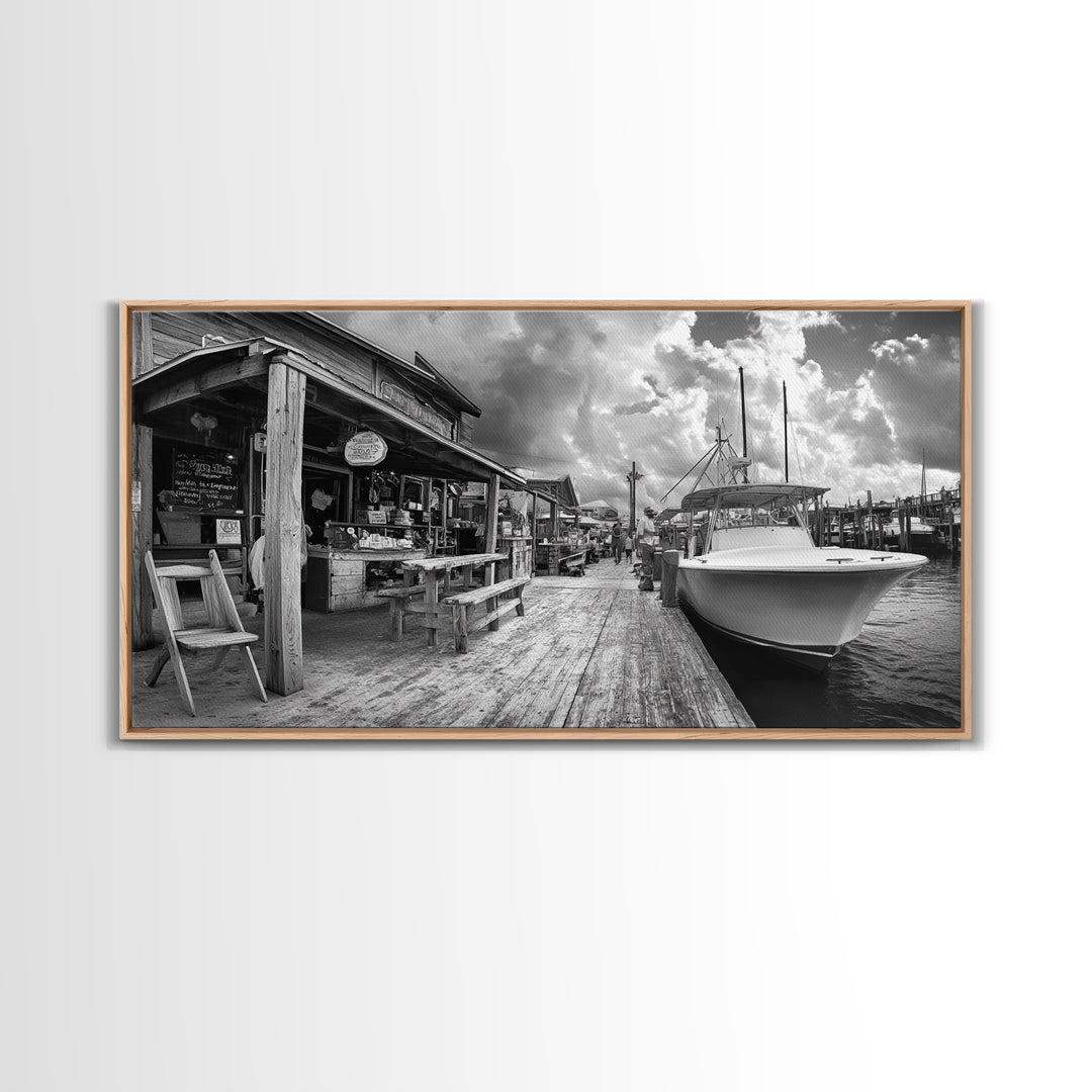 Dockside Market, Nautical Vibes, Fishing Village, Framed Canvas Print, Coastal Kitchen Art, Rustic Decor, Oceanfront Life Scene