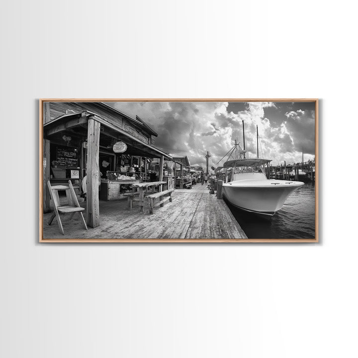 Dockside Market, Nautical Vibes, Fishing Village, Framed Canvas Print, Coastal Kitchen Art, Rustic Decor, Oceanfront Life Scene