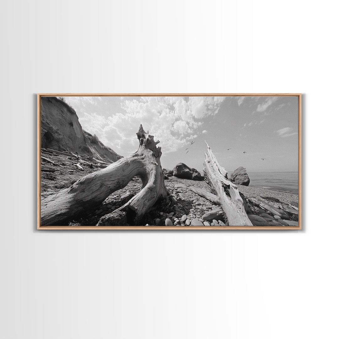 Coastal Driftwood, Beach Landscape, Pebble Shore Scene, Natural Decor Accent, Canvas Print, Relaxed Vibe, Entryway or Den Wall Art
