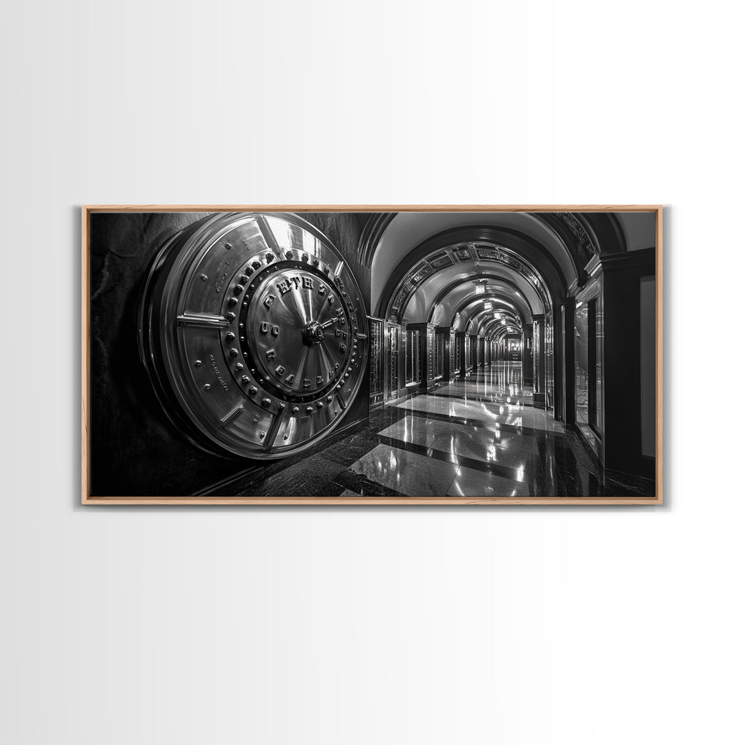 Bank Vault Door, Industrial Urban Decor, Luxury Office Art, Framed Canvas Print, Black and Silver Wall Art, Masculine Home Style