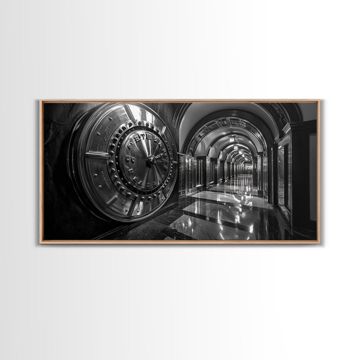 Bank Vault Door, Industrial Urban Decor, Luxury Office Art, Framed Canvas Print, Black and Silver Wall Art, Masculine Home Style