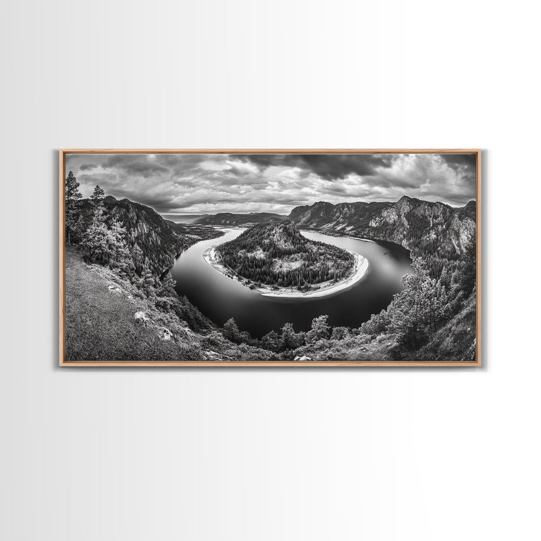 River Bend Landscape, Mountain View Aerial, Nature Panorama Scene, Framed Canvas Print, Cabin Wall Art, Adventure Boho Art, Living Room Wall Art