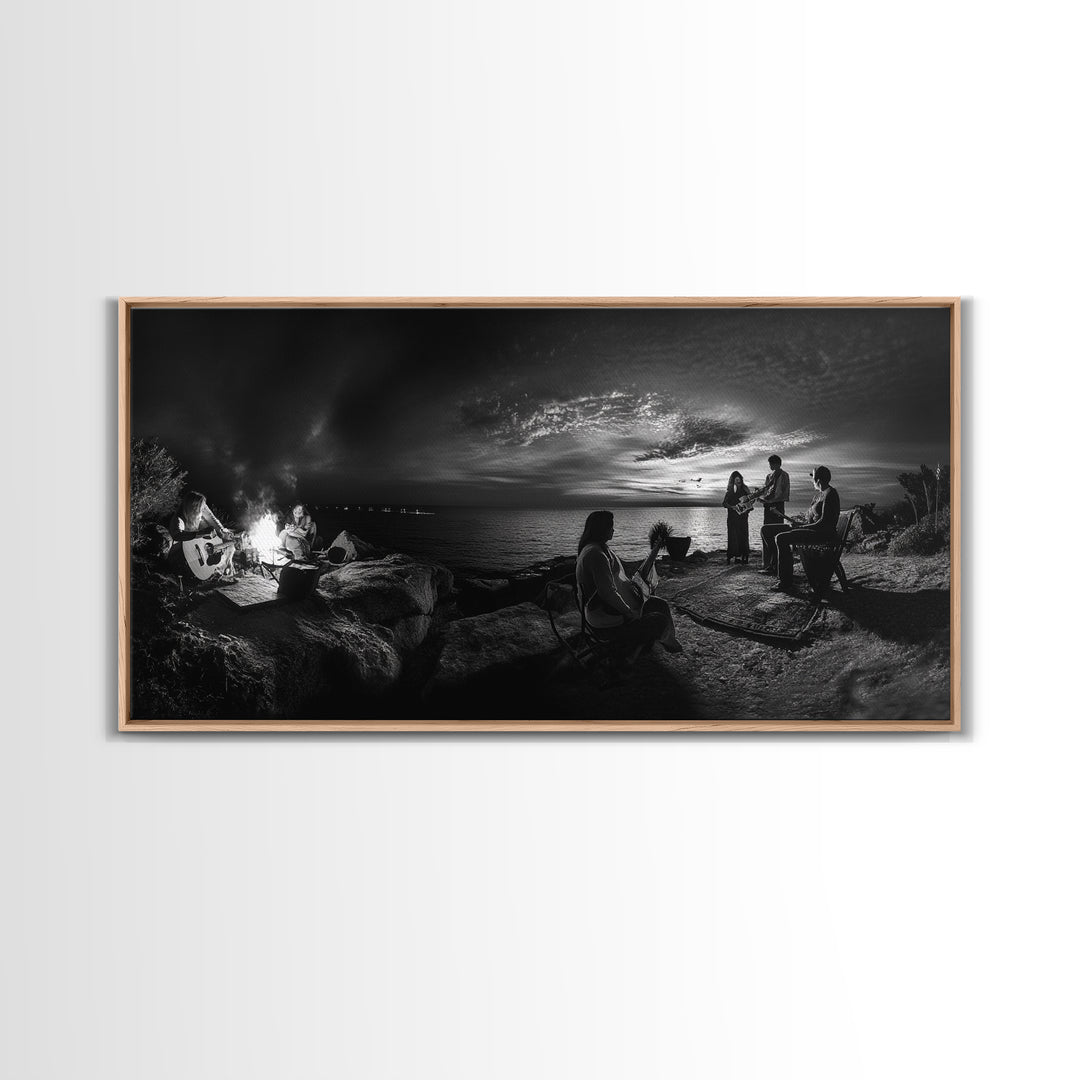 Campfire Gathering, Boho Night Vibes, Music Outdoors Scene, Framed Canvas Print, Living Room Wall Art, Folk Rustic Aesthetic
