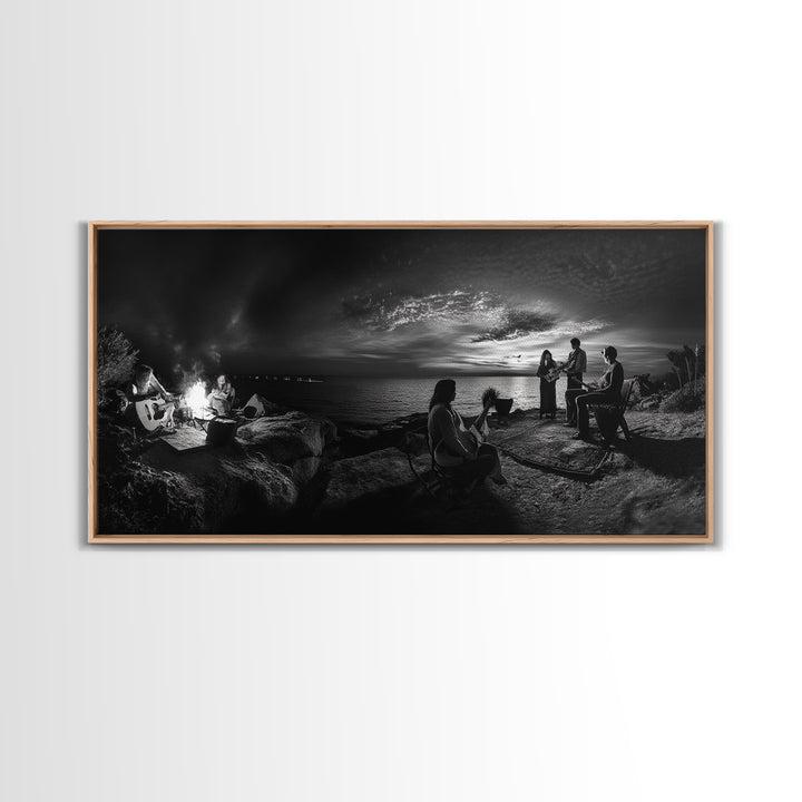Campfire Gathering, Boho Night Vibes, Music Outdoors Scene, Framed Canvas Print, Living Room Wall Art, Folk Rustic Aesthetic