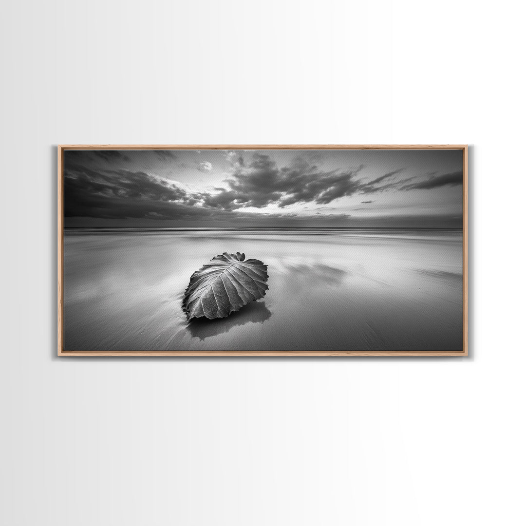 Beach Leaf Still, Autumn Nature Scene, Calm Ocean Shoreline, Canvas Print, Fall Bathroom Wall Art, Neutral Earth Tone Decor