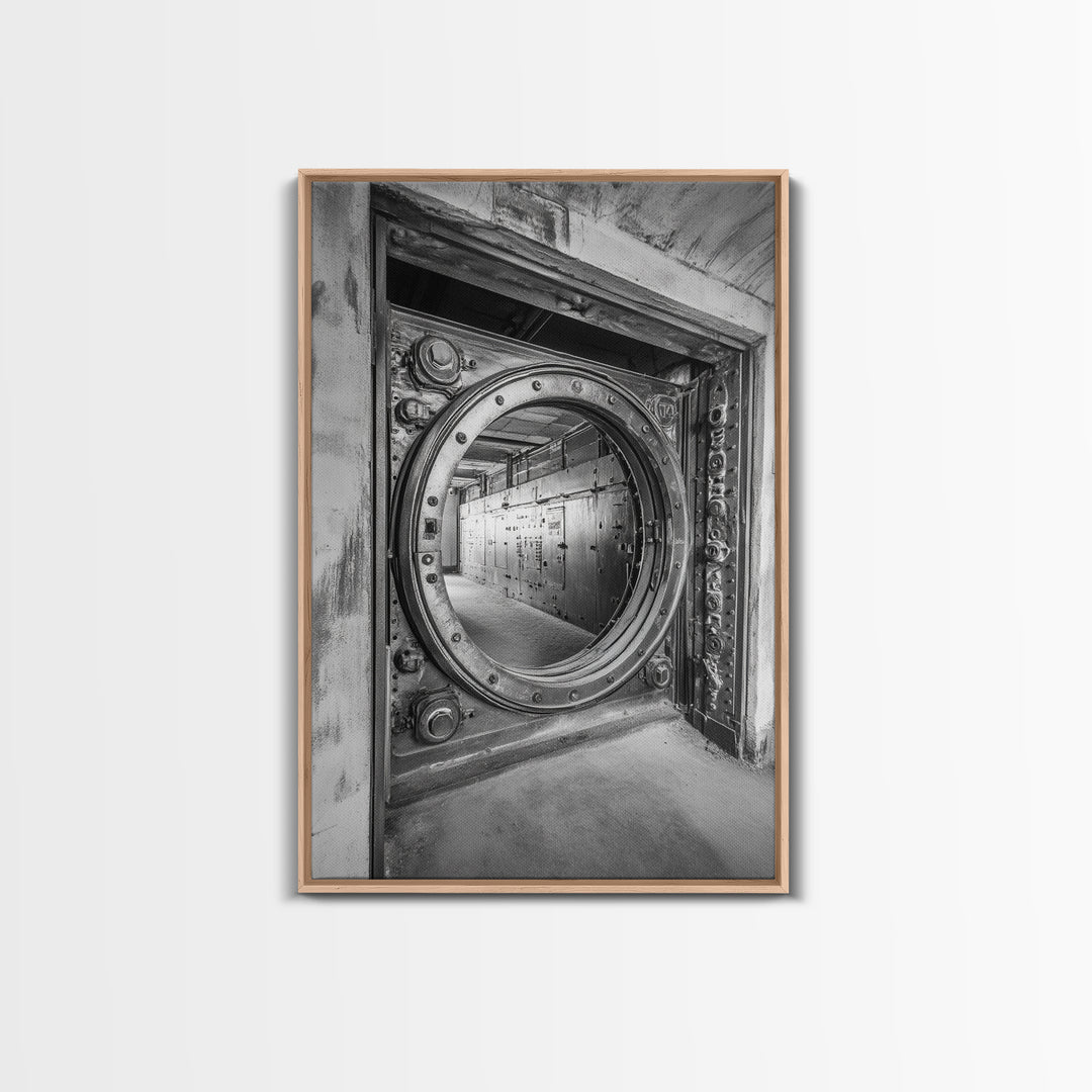 Bank Vault Door, Industrial Design, Urban Texture, Canvas Print, Masculine Office Decor, Steampunk Wall Art, Black White Print