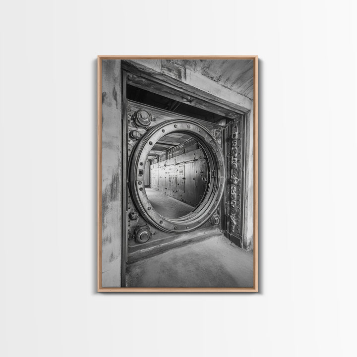 Bank Vault Door, Industrial Design, Urban Texture, Canvas Print, Masculine Office Decor, Steampunk Wall Art, Black White Print