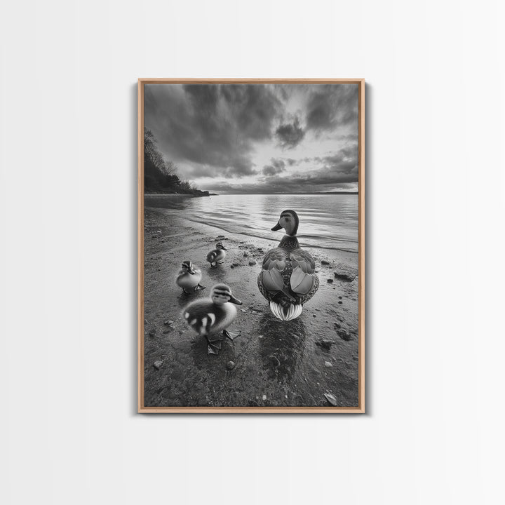 Duck Family, Lakeside Peace, Nature Walk, Canvas Print, Wholesome Wall Art, Nursery Animal Decor, Cozy Autumn Photography Style