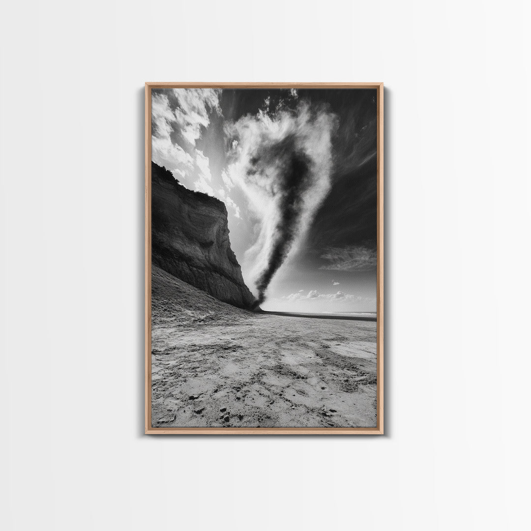 Tornado Beach Scene, Stormy Skies, Black and White Drama, Nature Photography, Framed Canvas Print, Office Wall Art, Moody Minimalist Decor