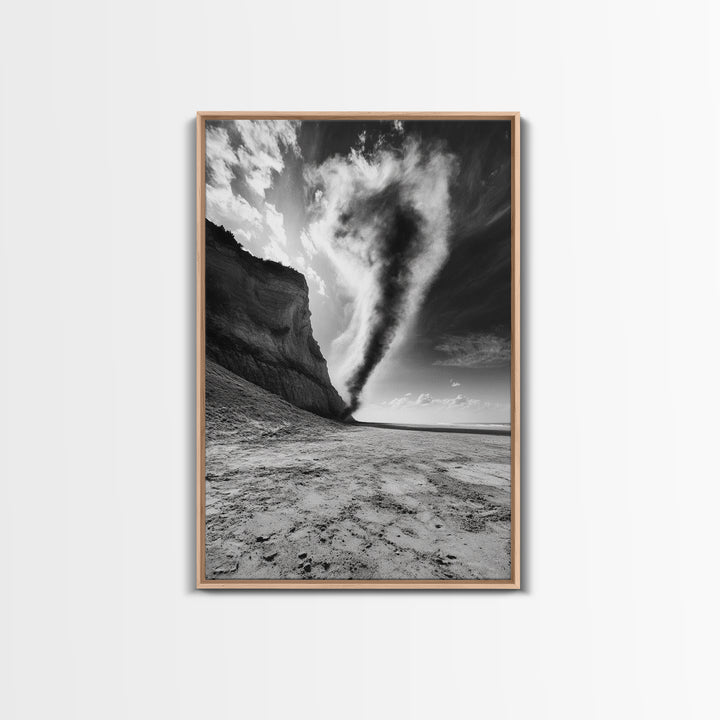 Tornado Beach Scene, Stormy Skies, Black and White Drama, Nature Photography, Framed Canvas Print, Office Wall Art, Moody Minimalist Decor