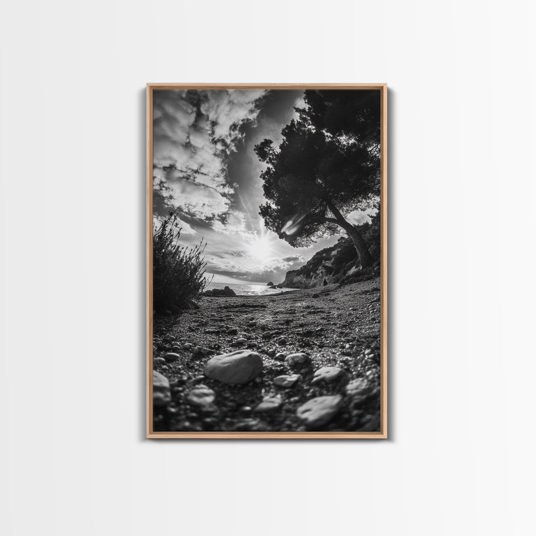 Sunset Beach View, Wide Angle Perspective, Nature Shoreline, Monochrome Landscape, Framed Canvas Print, Hallway Wall Art, Beach Decor