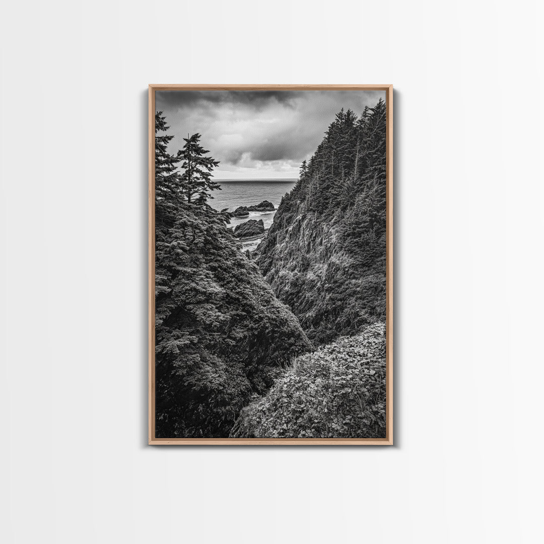 Rugged Ocean View, Coastal Forest, Black and White Mountains, Pacific Northwest Vibes, Framed Canvas Print, Den Wall Art, Moody Cabin Decor