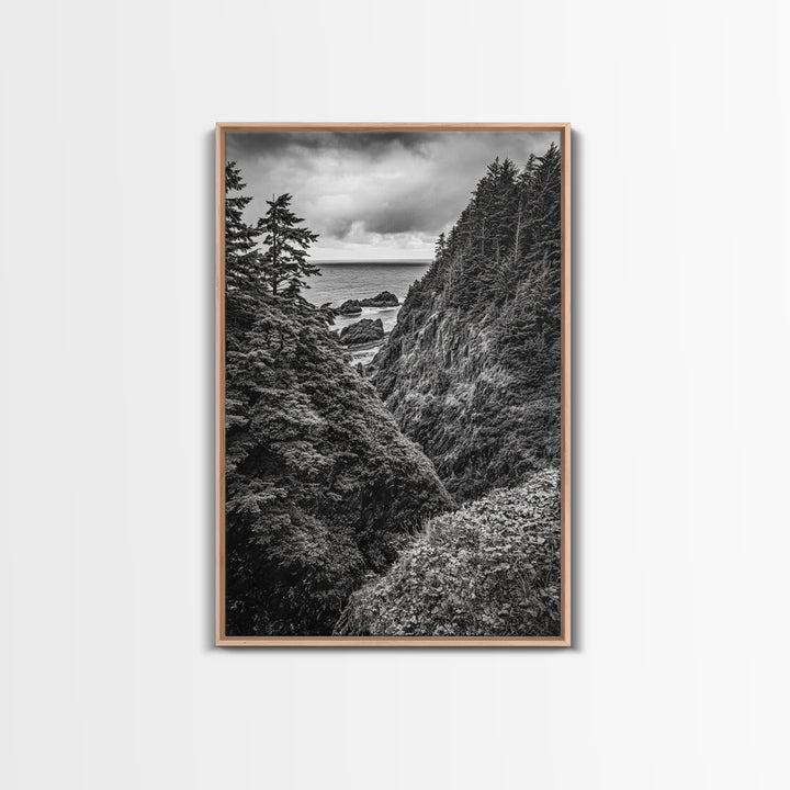 Rugged Ocean View, Coastal Forest, Black and White Mountains, Pacific Northwest Vibes, Framed Canvas Print, Den Wall Art, Moody Cabin Decor