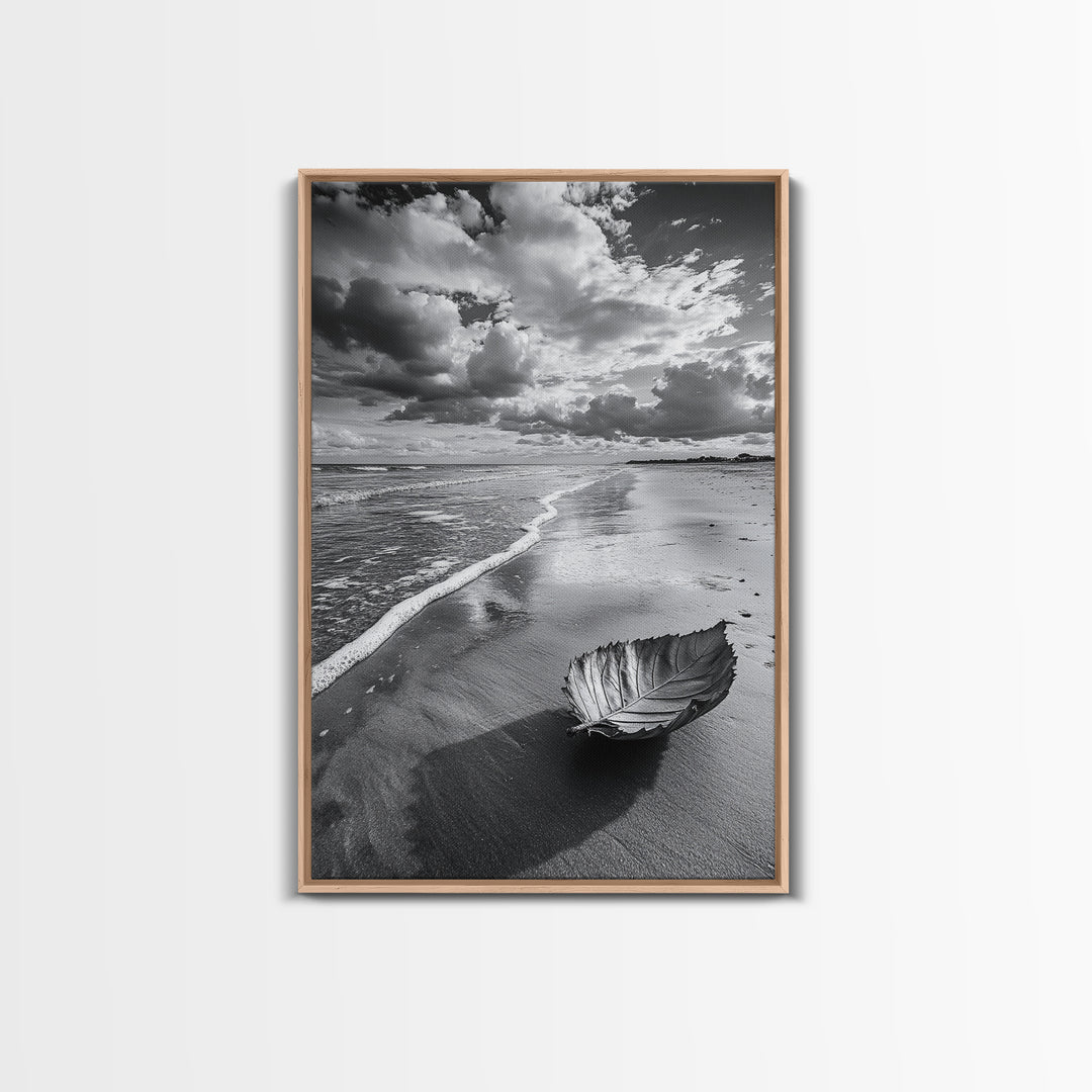 Autumn Beach Leaf, Drift Shore, Moody Cloudscape, Black and White Fall Art, Framed Canvas Print, Seasonal Wall Decor, Rustic Autumn Style