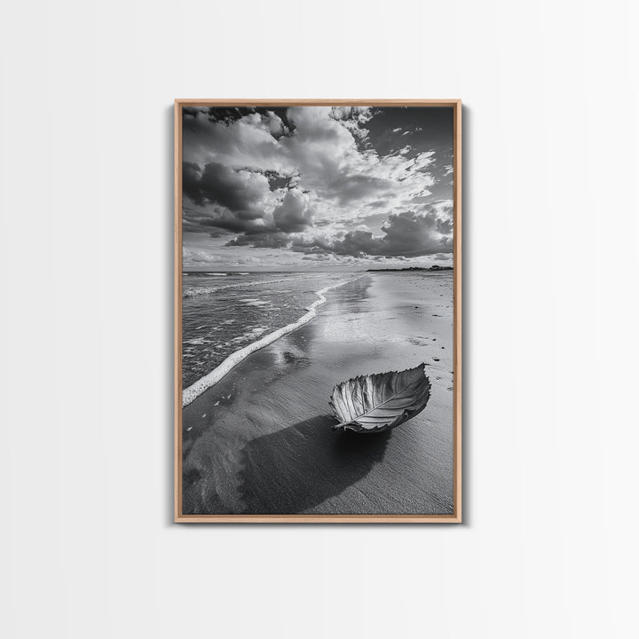Autumn Beach Leaf, Drift Shore, Moody Cloudscape, Black and White Fall Art, Framed Canvas Print, Seasonal Wall Decor, Rustic Autumn Style