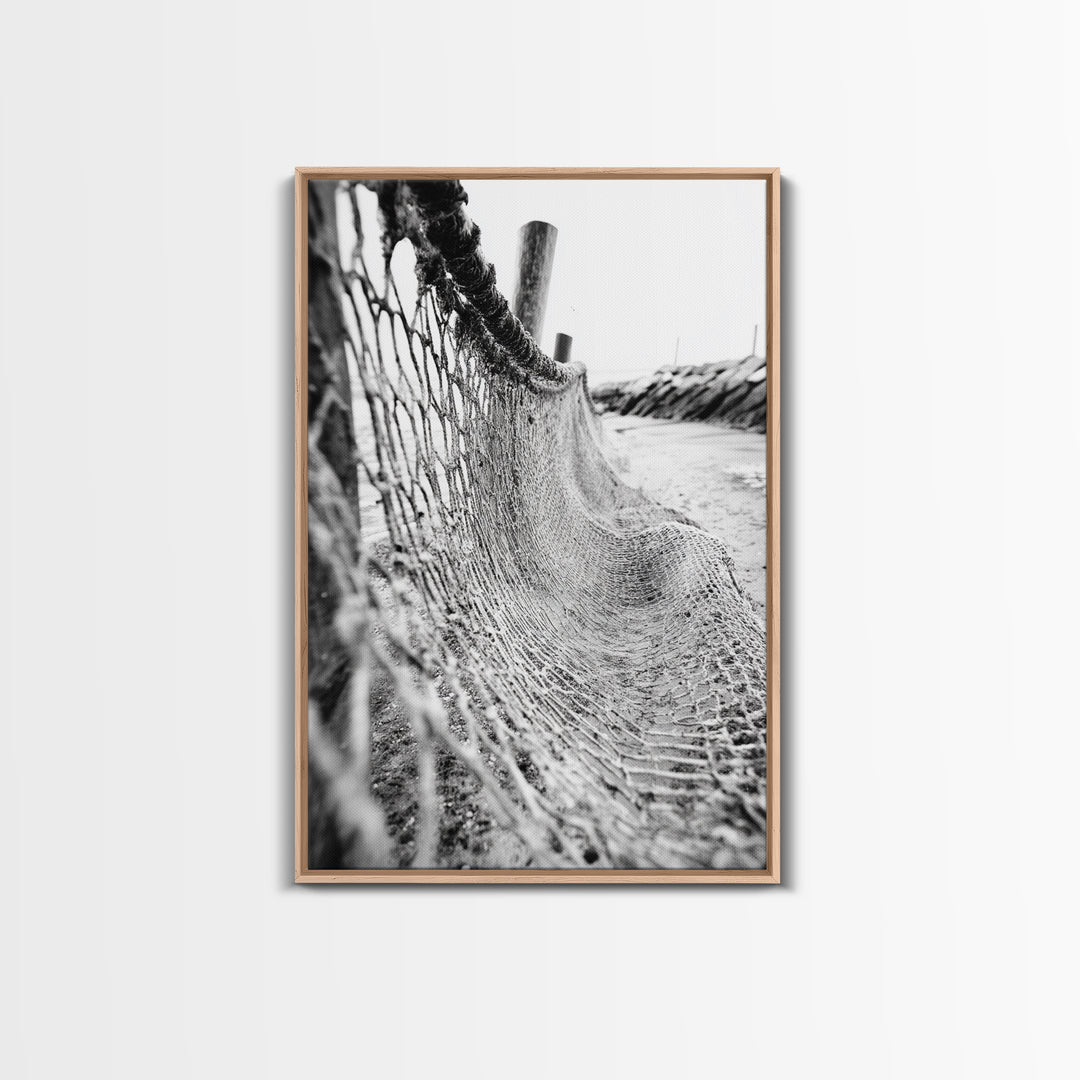 Coastal Net, Beach Texture, Nautical Vibe, Ocean Fence, Framed Canvas Print, Bathroom Wall Art, Coastal Cottage Style, Monochrome Beach Art