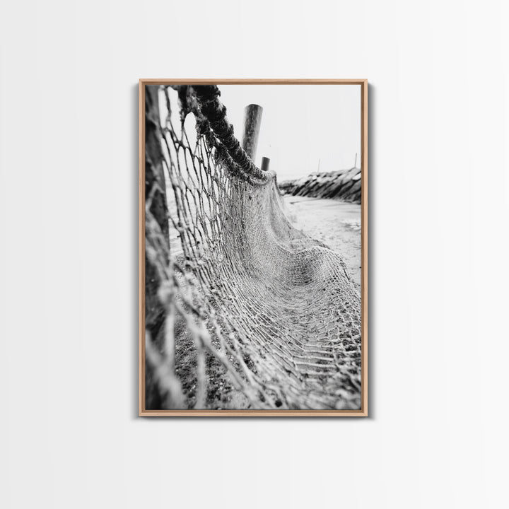 Coastal Net, Beach Texture, Nautical Vibe, Ocean Fence, Framed Canvas Print, Bathroom Wall Art, Coastal Cottage Style, Monochrome Beach Art