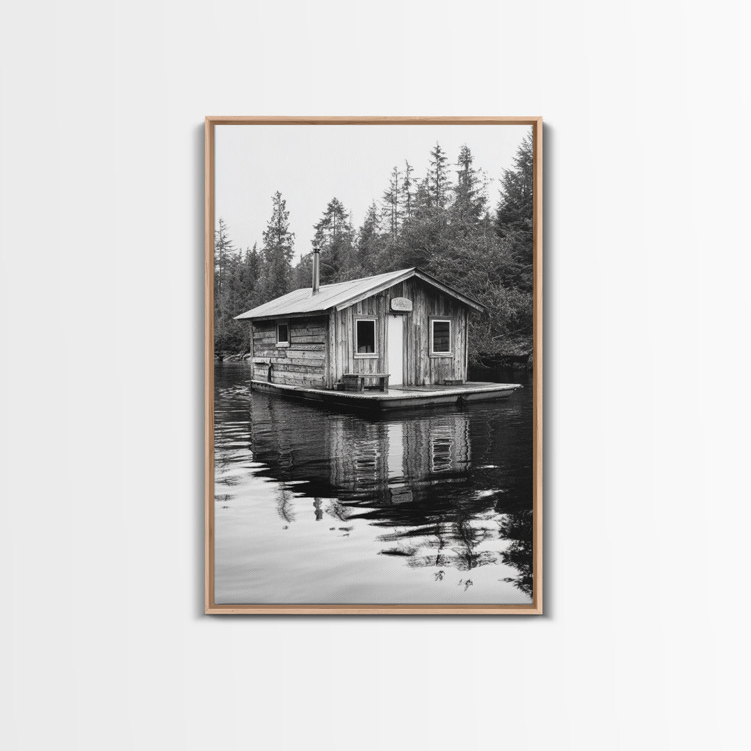Floating Cabin, Lake House, Forest Reflection, Tranquil Waters, Framed Canvas Print, Bedroom Wall Art, Cabin Aesthetic, Rustic Nature Vibe