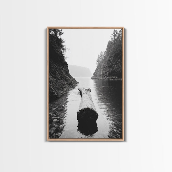 Driftwood Log, River Pass, Nature Silence, Misty Gorge, Framed Canvas Print, Office Wall Art, Modern Nature Decor, Moody Forest Style