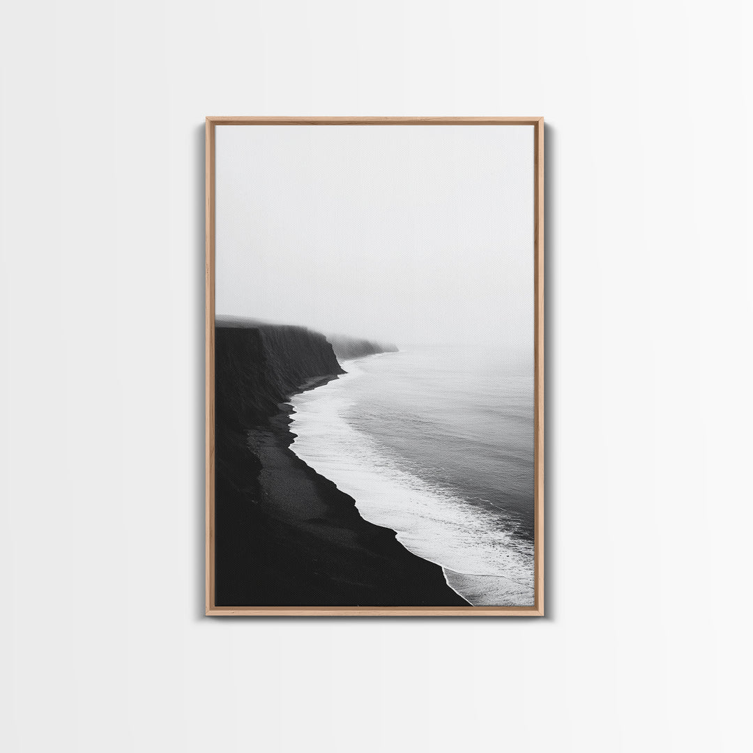 Cliff Coast, Mist Horizon, Monochrome Sea, Rugged Beauty, Canvas Print, Living Room Wall Art, Coastal Modern Style, Minimalist Ocean Scene
