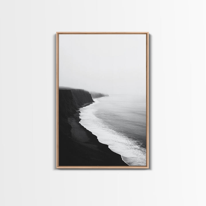 Cliff Coast, Mist Horizon, Monochrome Sea, Rugged Beauty, Canvas Print, Living Room Wall Art, Coastal Modern Style, Minimalist Ocean Scene