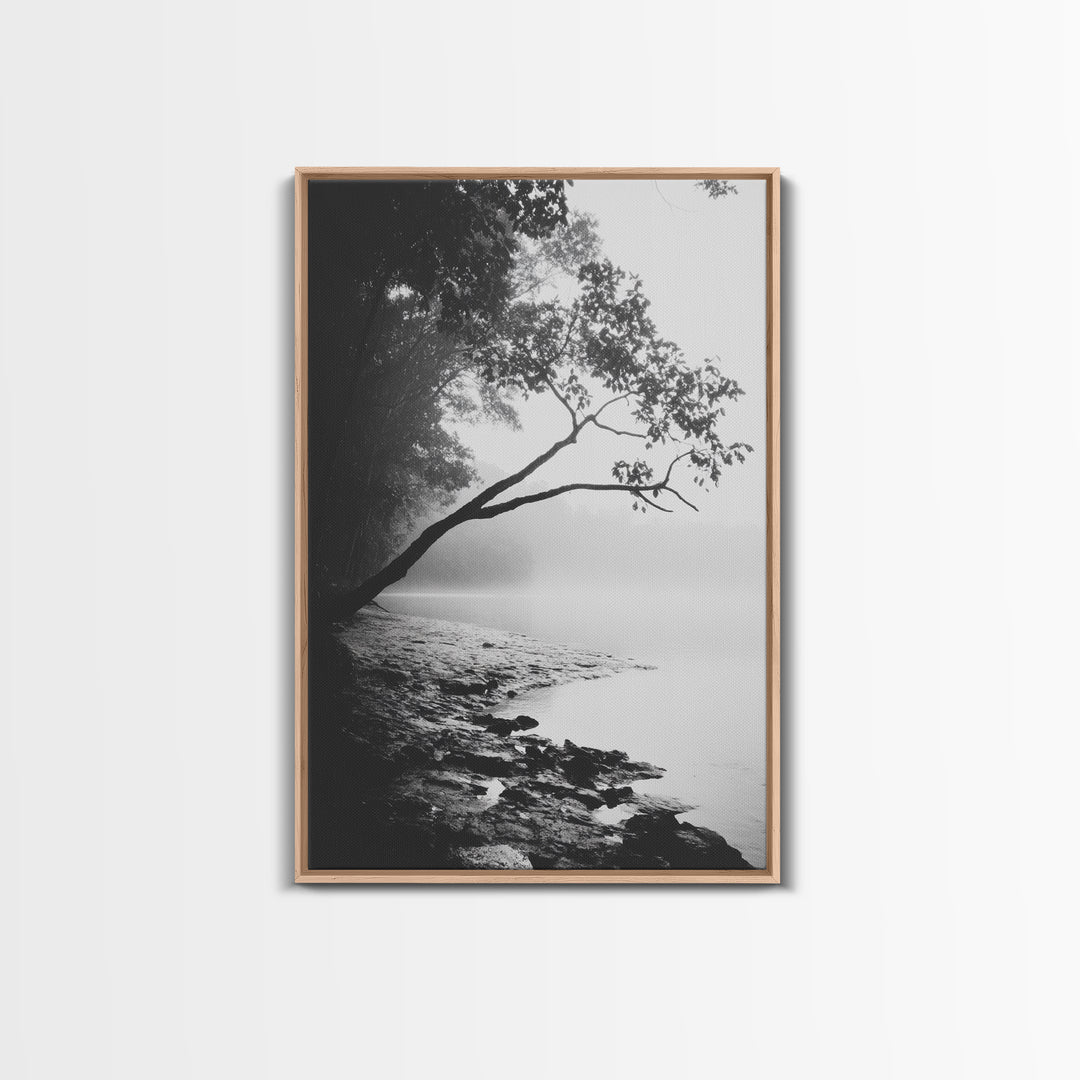 Misty Tree, Shoreline Fog, Forest Edge, Moody Atmosphere, Framed Canvas Print, Bedroom Wall Art, Autumn Woodland Style, Serene Nature Decor