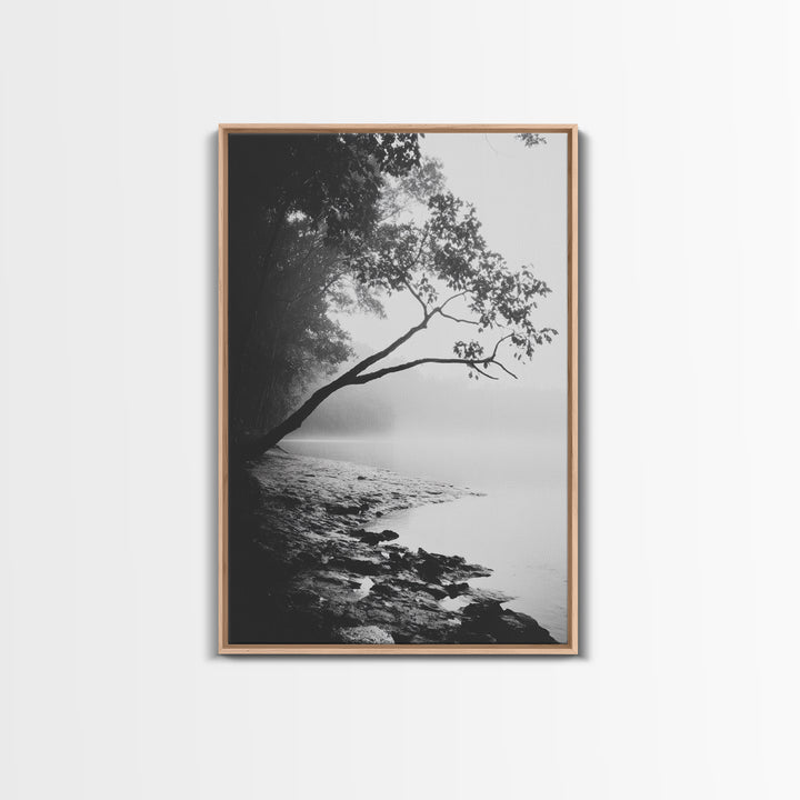 Misty Tree, Shoreline Fog, Forest Edge, Moody Atmosphere, Framed Canvas Print, Bedroom Wall Art, Autumn Woodland Style, Serene Nature Decor