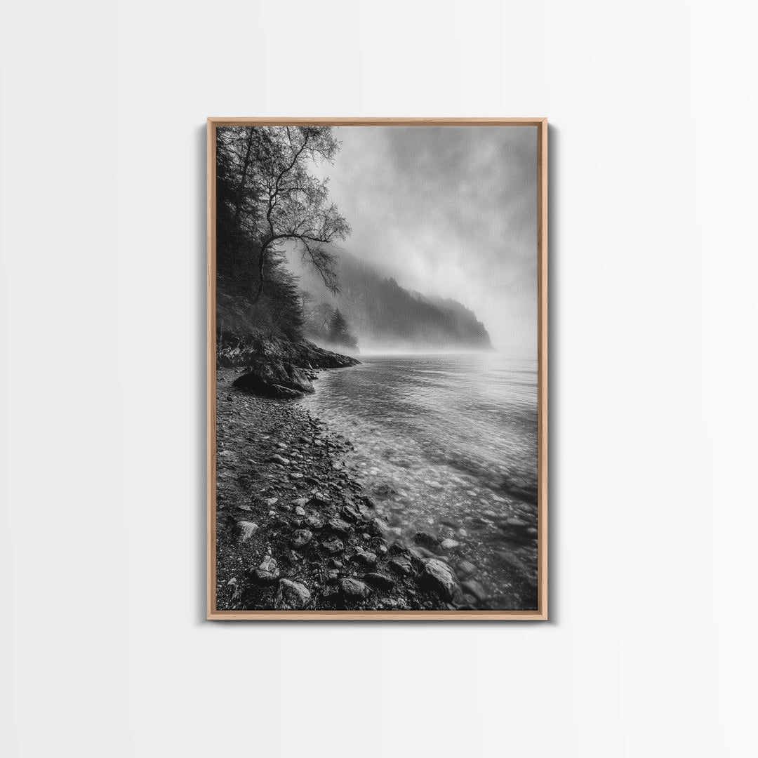 Foggy Coast, Moody Shore, Tranquil Pebbles, Forest Water, Framed Canvas Print, Bathroom Wall Art, Nature Photography Style, Calm Retreat Decor