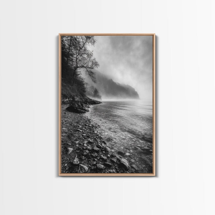 Foggy Coast, Moody Shore, Tranquil Pebbles, Forest Water, Framed Canvas Print, Bathroom Wall Art, Nature Photography Style, Calm Retreat Decor