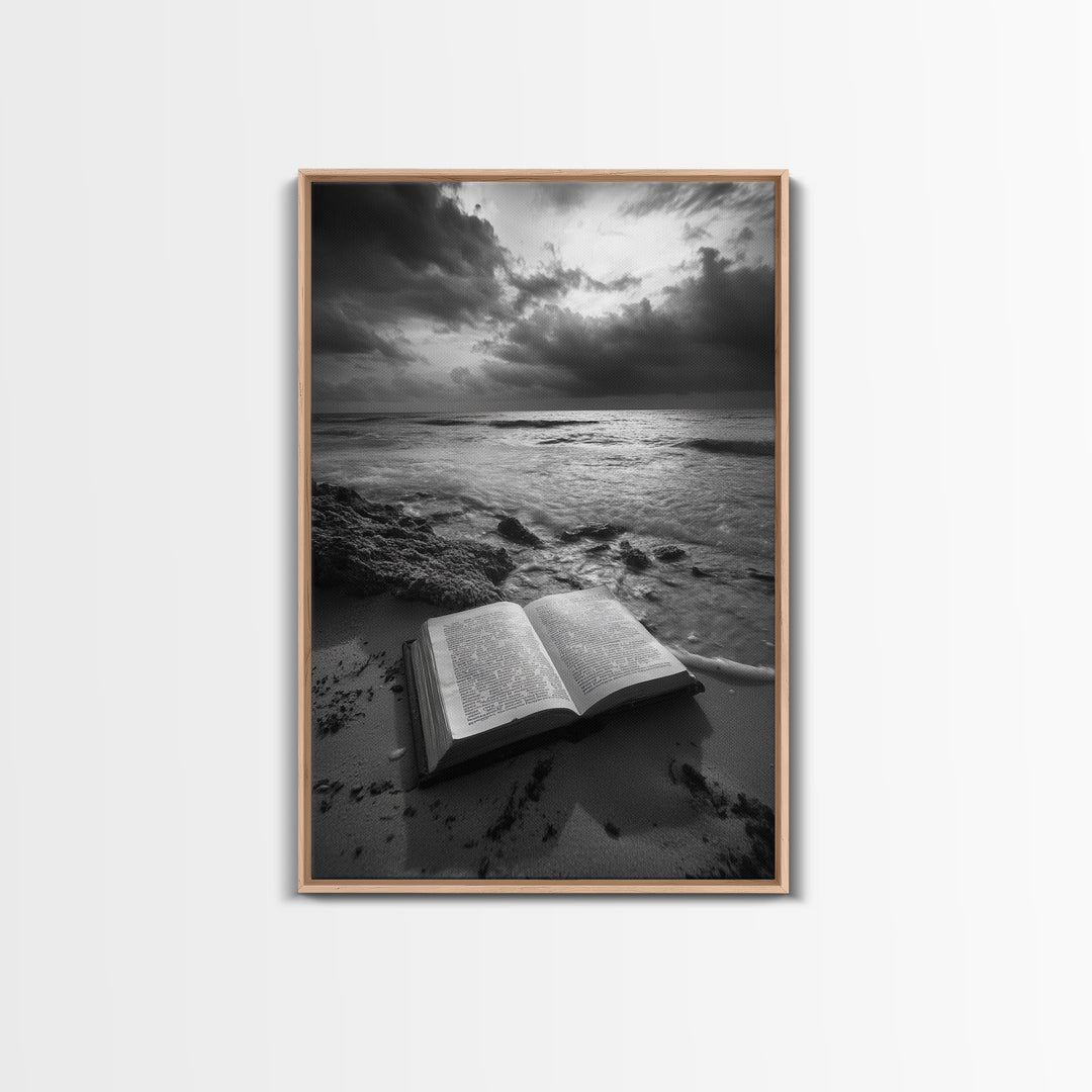 Book Beach Twilight, Reading By Ocean, Literary Seascape, Canvas Print, Study Wall Art, Moody Literary Art, Minimalist Coastal Decor